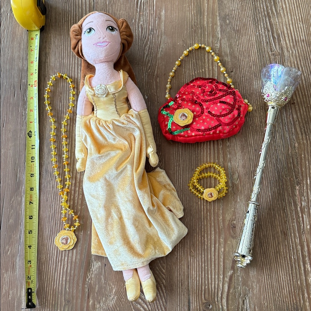 Disney Princess Belle 4-6 Halloween dress Costume/wand/crown/purse/jewelry/plush - Picture 2 of 8